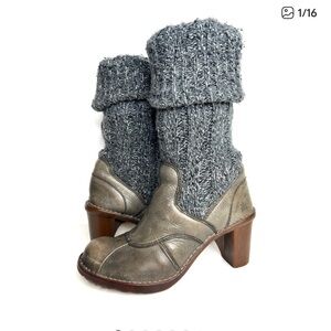 EL NATURALISTA Sock Boots Leather Slouchy Knit Upper Grey/Tan Distressed 36 6